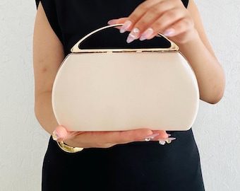 Beige Satin Clutch Bag - Top Griff Abendtasche für Hochzeit, Party & formelle