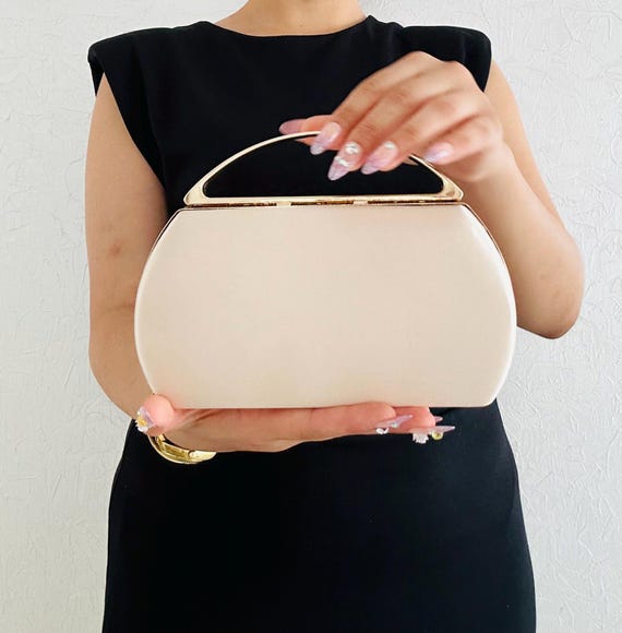 Beige Satin Clutch Bag - Top Handle Evening Purse for Wedding, Party & Formal