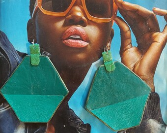 Leather color blocking hexagon designed earrings, geometric earrings.