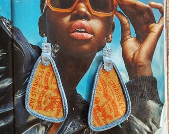 Denim earrings, layered denim, upcycled earrings, sustainable fashion, geometric earrings.