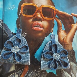 Denim earrings, jean earrings, two toned design earrings, flower denim, flower earrings. (Larger size)