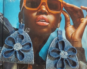 Denim earrings, jean earrings, two toned design earrings, flower denim, flower earrings. (Larger size)