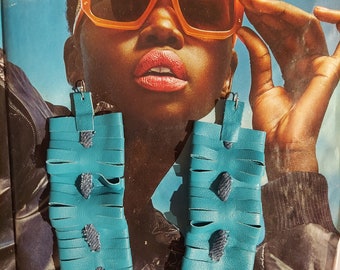 Denim and leather ribbon fringe earrings.