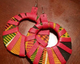 Leather and kente fabric hoop earrings.