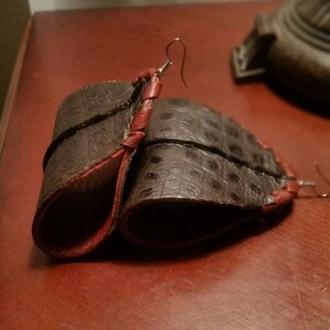 Leather brown textured, croc earrings, two toned. (Larger size)
