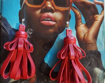 Leather red earrings double puffy tassels, tassel earrings, fringe earrings.