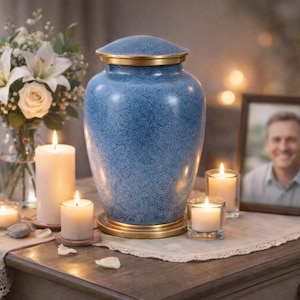 May include: A blue speckled cremation urn with a gold rim and lid, displayed on a wooden table. Lit candles, a framed photo, and a vase of white flowers create a serene memorial setting.