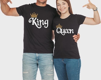 T-shirt King and Queen Valentine's Day Couple Shirts Black Valentines Day Lovers Husband Wife Men's Women's Matching Gift T Shirt