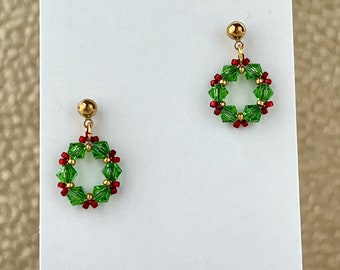 Christmas Wreath Earrings, Crystal Hoops, Holiday Earrings, Sparkly Post Earrings, Dainty Earrings, Festive Jewelry, Green and red jewelry