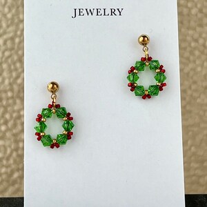 Christmas Wreath Earrings, Crystal Hoops, Holiday Earrings, Sparkly Post Earrings, Dainty Earrings, Festive Jewelry, Green and red jewelry Gold earrings