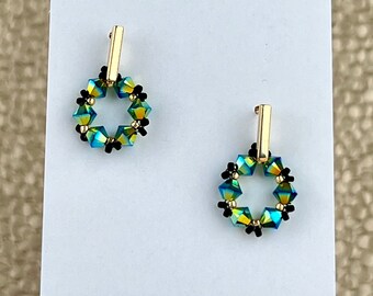 Green and Gold Crystal Hoops, Sparkly Post Earrings, Dainty Earrings, Edgy Jewelry, Petite Jewelry Set