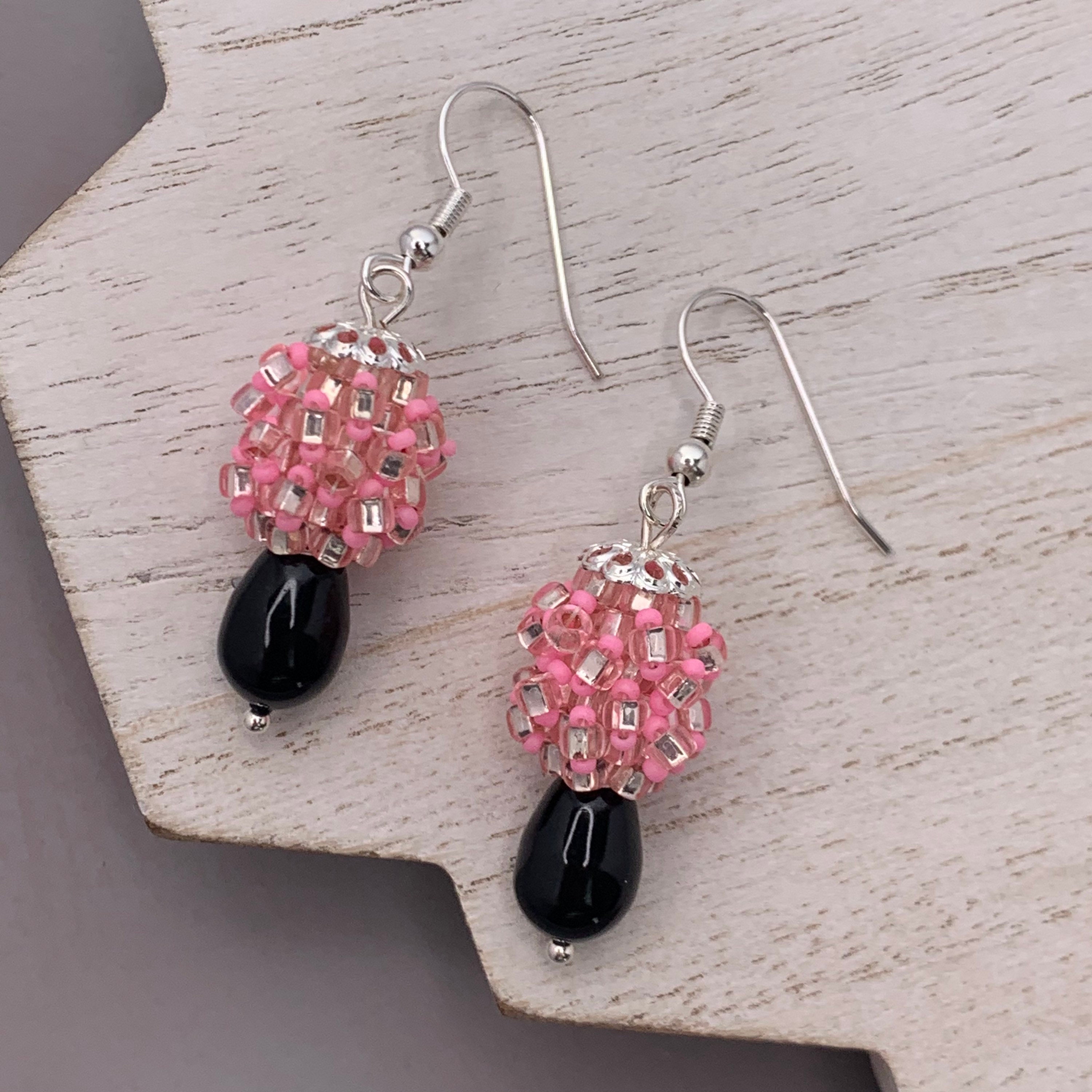 Hot Pink Seed Bead Earrings Black Drop Earrings Retro Etsy