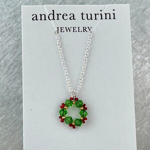 Christmas Wreath Earrings, Crystal Hoops, Holiday Earrings, Sparkly Post Earrings, Dainty Earrings, Festive Jewelry, Green and red jewelry Silver necklace