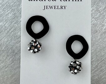 Silver Crystal Hoops, Silver and Black Crystal Ball Earrings, Sparkly Post Earrings, Dainty Earrings, Edgy Jewelry, Petite Jewelry Set