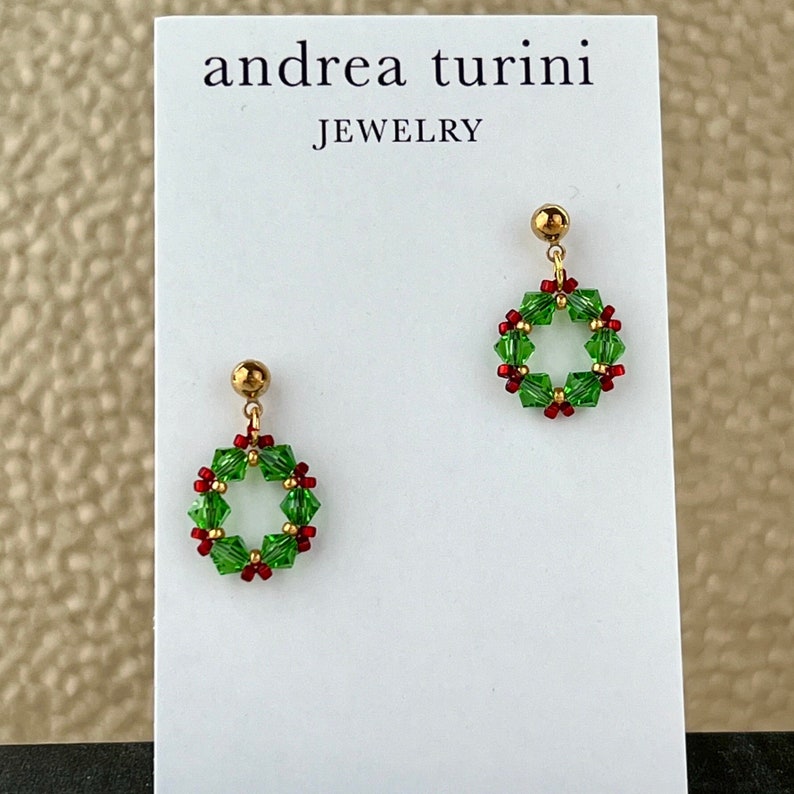 Christmas Wreath Earrings, Crystal Hoops, Holiday Earrings, Sparkly Post Earrings, Dainty Earrings, Festive Jewelry, Green and red jewelry Gold earrings