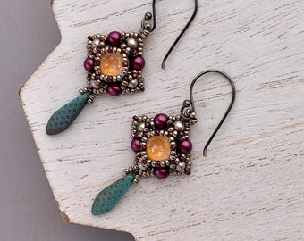 Bronze and Maroon Swarovski Crystal and Dagger Drop Earrings, Romantic Jewelry, Gift for Her, Bohemian Chic, Victorian Style, Mom Gift