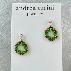 Christmas Wreath Earrings, Crystal Hoops, Holiday Earrings, Sparkly Post Earrings, Dainty Earrings, Festive Jewelry, Green and red jewelry Silver earrings