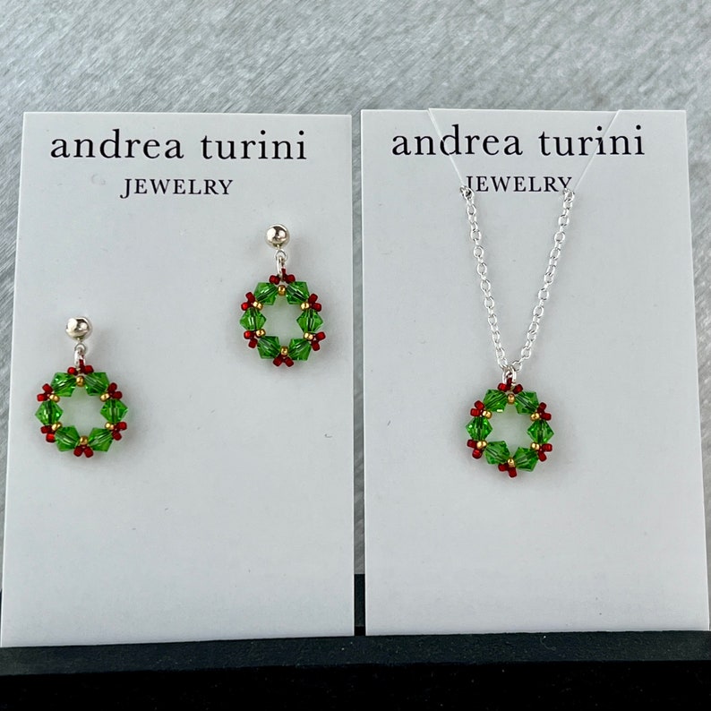 Christmas Wreath Earrings, Crystal Hoops, Holiday Earrings, Sparkly Post Earrings, Dainty Earrings, Festive Jewelry, Green and red jewelry image 6