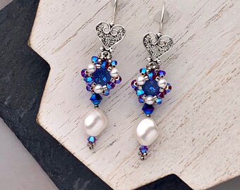Dark Blue Pearl Earrings, Indigo Jewelry, Blue Pageant Earrings, Heart Earrings, Romantic Jewelry, Mother if the Bride, Sparkly Earrings