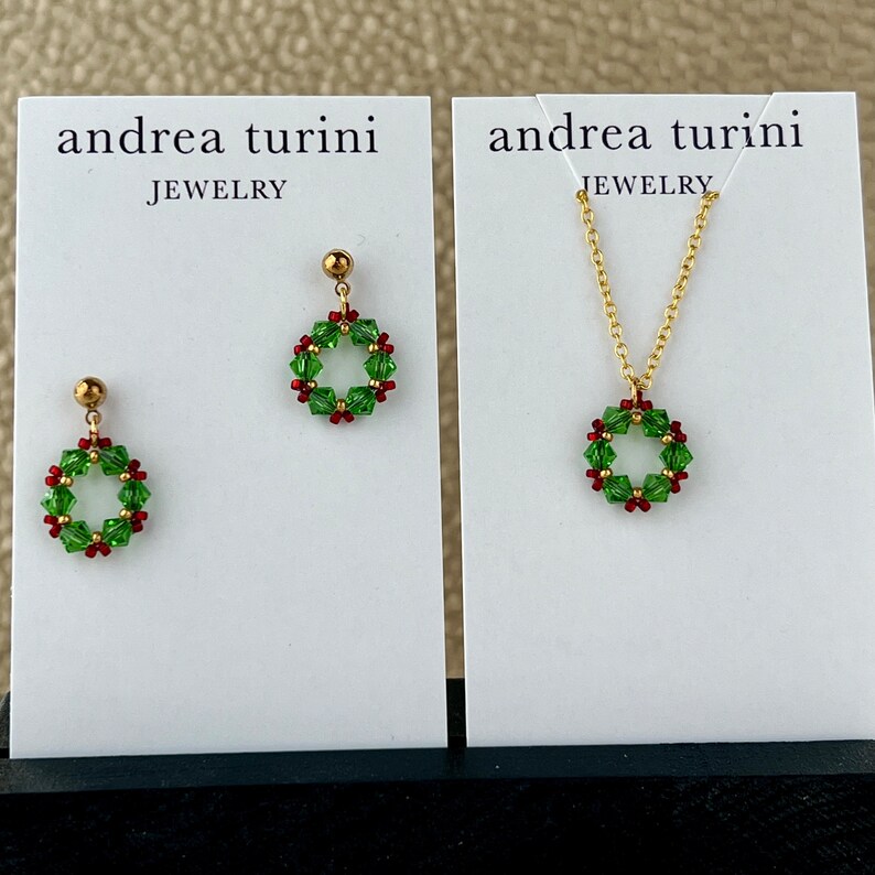 Christmas Wreath Earrings, Crystal Hoops, Holiday Earrings, Sparkly Post Earrings, Dainty Earrings, Festive Jewelry, Green and red jewelry image 3