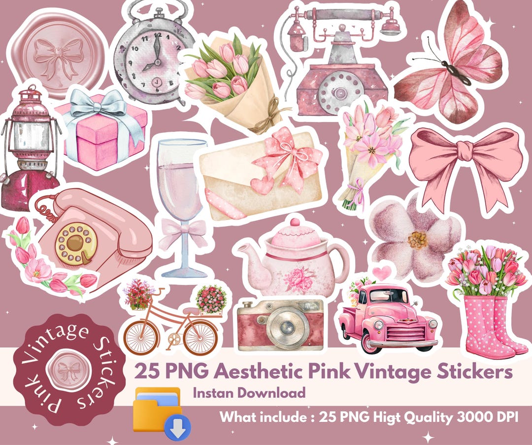 Pink Vintage Sticker Clipart | Retro Pastel PNG Bundle (A4 PDF) - Etsy