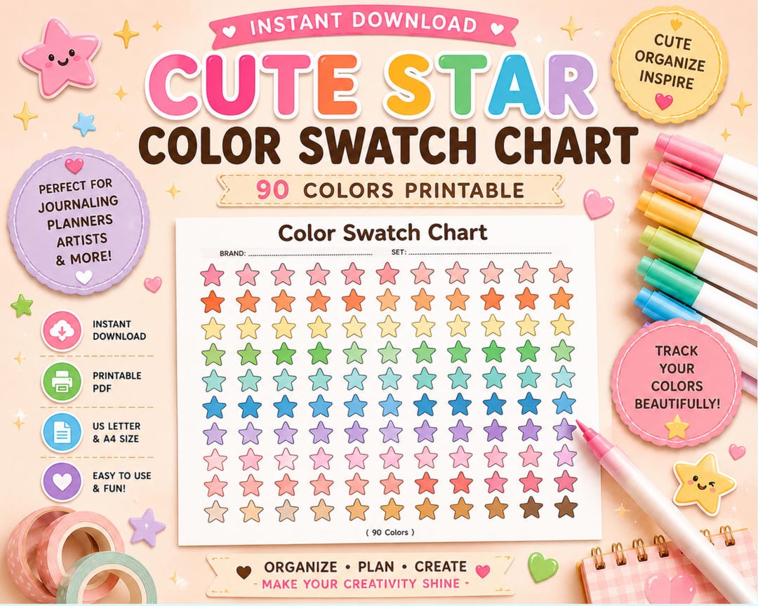 Cute Star Color Swatch Chart Printable PDF, 90 Colors Tracker Template ...