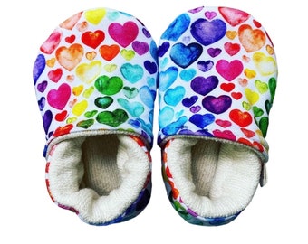 Organic Cotton and Leather Rainbow Hearts Soft Soled Shoes 7/8 Space