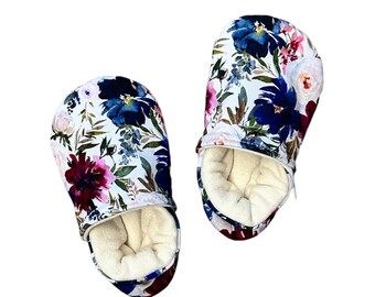 MADE TO ORDER Organic Cotton Jewel Floral Soft Soled Baby Toddler Adult Shoes Moccasins