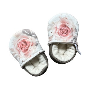 MADE TO ORDER Organic Cotton Peach Roses Soft Soled Baby Toddler Shoes Moccasins