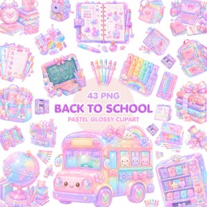 Puede incluir: Una colección de útiles escolares y accesorios en colores pastel, que incluyen un autobús escolar, libros, bolígrafos y un globo terráqueo. La imagen presenta el texto "BACK TO SCHOOL" y "PASTEL GLOSSY CLIPART".