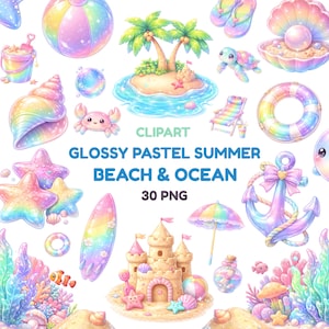 Könnte beinhalten: Eine Sammlung von Strand- und Ozean-Clipart im Pastellfarben. Das Bild enthält einen Strandball, Seesterne, Muscheln, eine Sandburg, eine Insel mit Palmen und andere Sommerelemente. Der Text lautet "Glossy Pastel Summer Beach & Ocean 30 PNG".