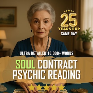 Pode incluir: Uma mulher mais velha com cabelo grisalho e uma blusa azul escura é o foco principal da imagem. O texto na imagem diz "SOUL CONTRACT PSYCHIC READING" e "25 YEARS EXP SAME DAY". A imagem também inclui o texto "ULTRA DETAILED 15.000+ WORDS".