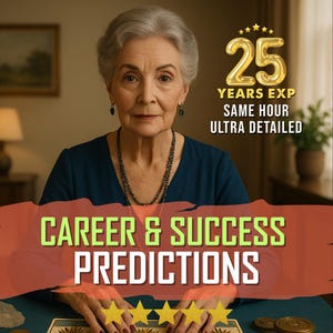 Puede incluir: Imagen de una mujer mayor con cabello gris y una blusa azul oscuro. El texto en la imagen dice "CAREER & SUCCESS PREDICTIONS" y "25 YEARS EXP SAME HOUR ULTRA DETAILED". También se ven estrellas y monedas doradas.
