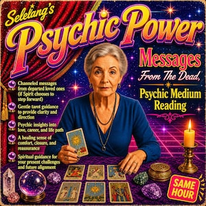 Pode incluir: Um gráfico promocional para um serviço de leitura mediúnica com uma pessoa de cabelos grisalhos em um top azul. O texto diz Selelang's Psychic Power Messages From The Dead, Psychic Medium Reading e Same Hour, junto a cartas de tarô, cristais e uma vela.