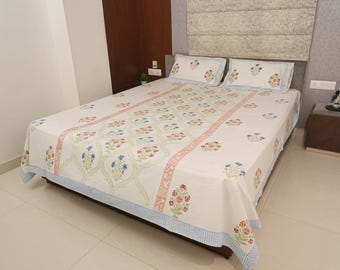 Drap de lit king size en coton imprimé Handblock avec 2 taies d'oreiller - 108 x 108 pouces - Couvre-lit blanc à motif floral - Fait main en Inde