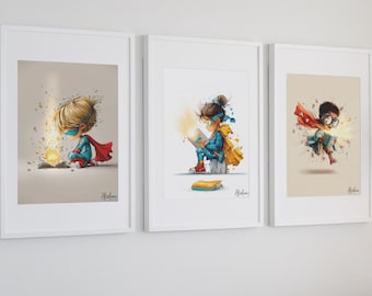 Set de 3 Láminas Digitales Niños Superhéroes que Leen – Decoración Inspiradora para Habitaciones Infantiles, Aulas y Salas de Juego
