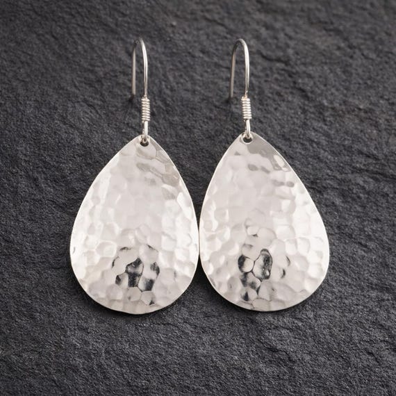 Handmade Hammered Sterling Silver Teardrop Dangle Earrings For Women