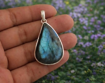 Handmade Pear Labradorite Pendant, Sterling Silver