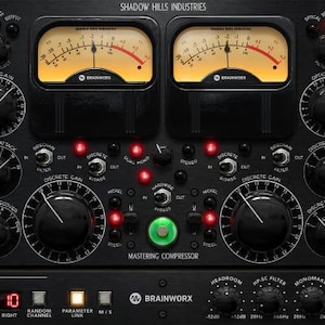 May include: A black audio mastering compressor with multiple dials, switches, and illuminated indicators. The device features two large VU meters with yellow faces and red needles, and the text "BRAINWORX" is visible.