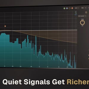 May include: A digital audio workstation interface displaying the "ORRA EQ" graphic equalizer. The screen shows a teal waveform, brown and white lines, and various control knobs and sliders. The text "Quiet Signals Get Richer" is displayed at the bottom.