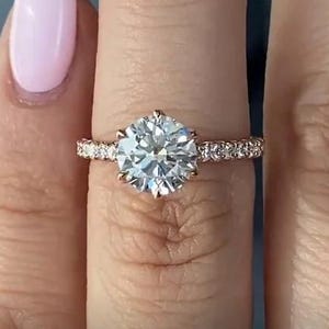Round Cut Pave Solitaire Engagement Ring In Rose Gold. Choose Moissanite Or Diamond. Perfect Wedding, Promise, Or Anniversary Gift For Her.