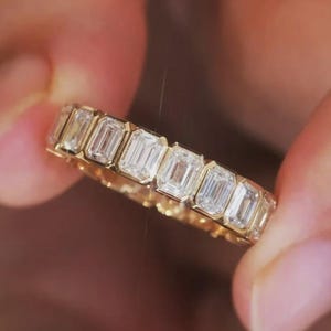 Emerald Cut Eternity Band in Gold, Moissanite Wedding Ring, Full Eternity Ring, Stacking Ring, Anniversary Gift for Her, Pave Band, Bridal.
