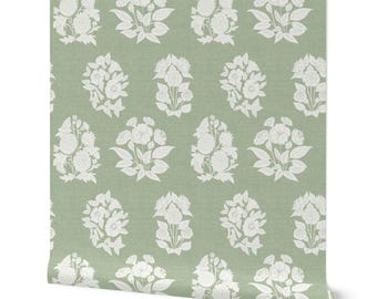 Salbeigrüne Millefleurs Tapete mit Blumenmuster