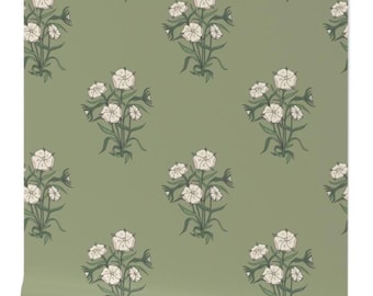 Sage Green Floral Wallpaper: Cottagecore Block Print, Peel & Stick