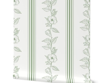 Green Floral Stripe Wallpaper: Cottagecore Botanical Print (Peel and Stick Wallpaper or Pre Pasted)