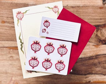 Pomegranate Writing Set - Botanical Letter Writing Paper Set - A5 Stationery with Red Envelopes, Address Labels & Stickers