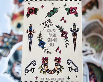 Classic Tattoo Flash Sticker Sheet – Hand Drawn Stickers - BUJO Journal Stickers - Planner Stickers - Alternative Decals