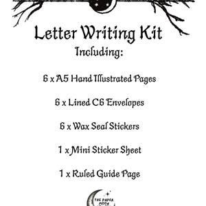 May include: A Letter Writing Kit with a gothic theme, featuring illustrations of ravens and a crescent moon. The kit includes A5 pages, C6 envelopes, wax seal stickers, a mini sticker sheet, and a ruled guide page. The text reads "Letter Writing Kit" and "The Paper Moon Society."