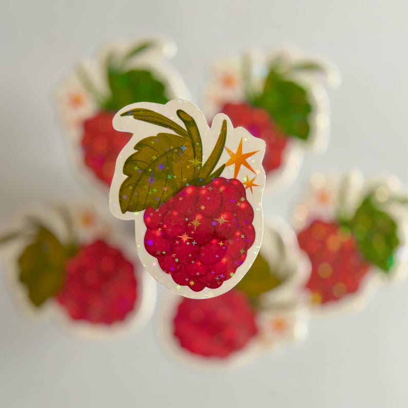 Holographic Glitter Raspberry Sticker - Berry Vinyl Sticker - Sparkly ...