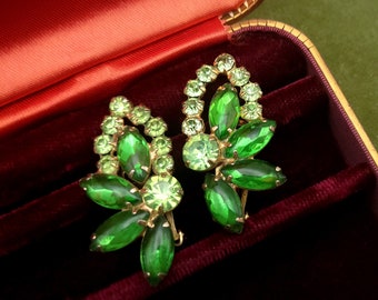 Vintage Green Rhinestone Statement Clip-On Earrings - Large Formal Prom Green and Gold Earrings